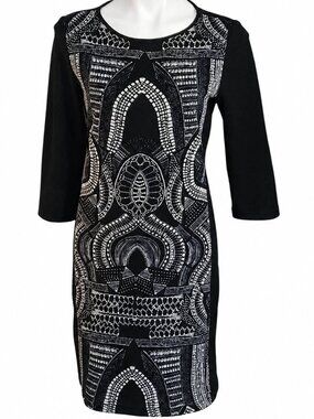 SMALL Black White Geometric Print 3/4 Sleeve Shift Sheath Dress Modern Style